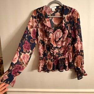 Elegant Floral Ruffle Blouse - Pink and Navy